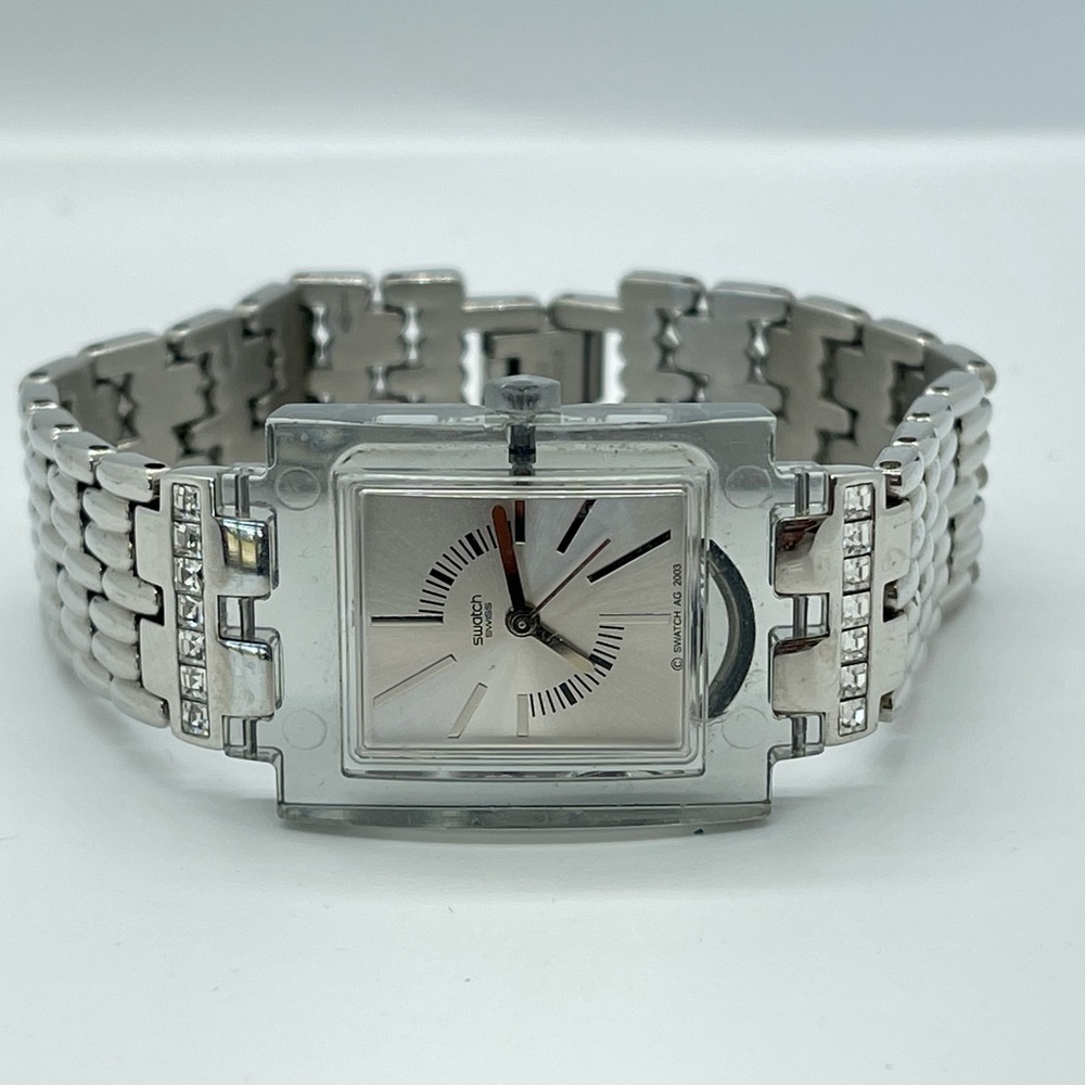 𝅺vintage Ladies Square Swatch Watch So Chic SUBM100G Stainless Steel Crystals - Picture 2 of 4